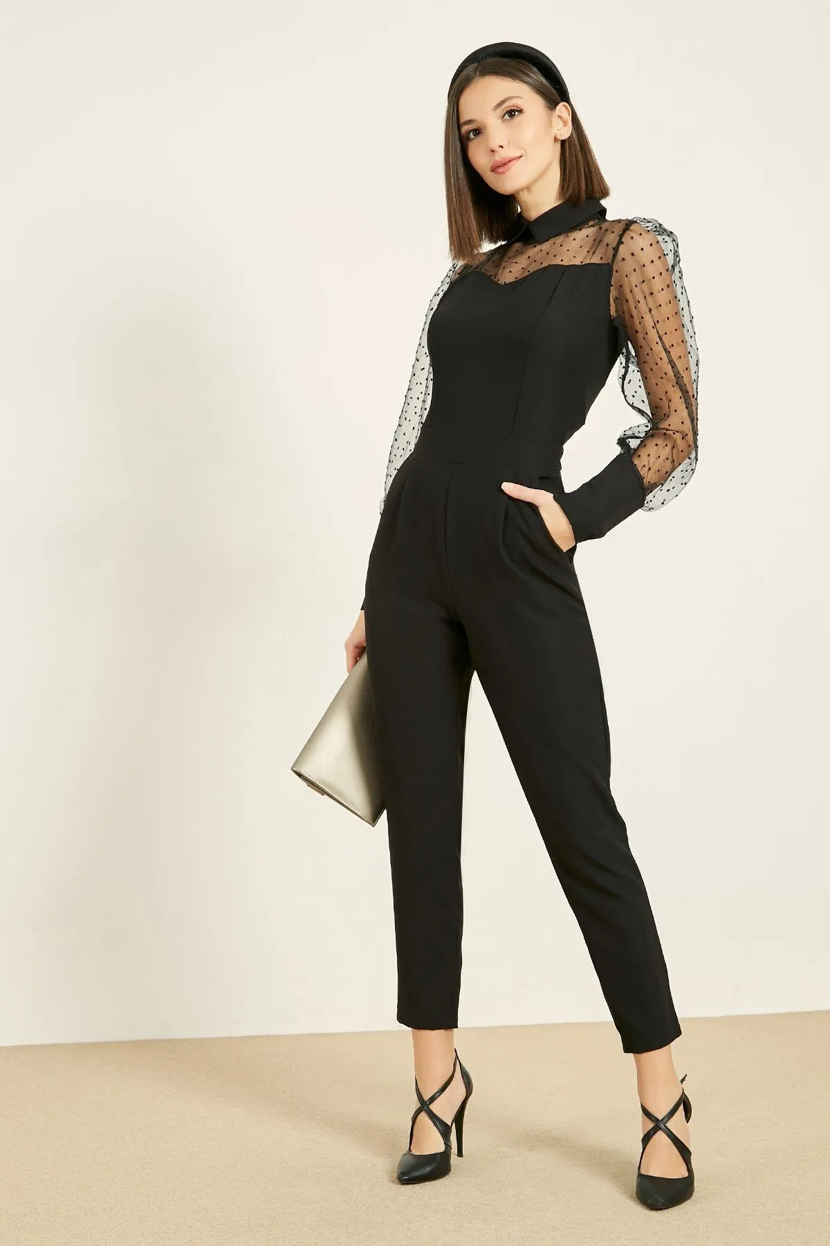 16229 Black Tulle Sleeve Jumpsuit