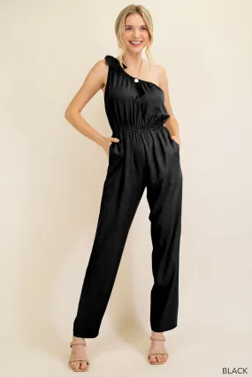 5932   Melinda Black Bow One Shoulder Jumpsuit