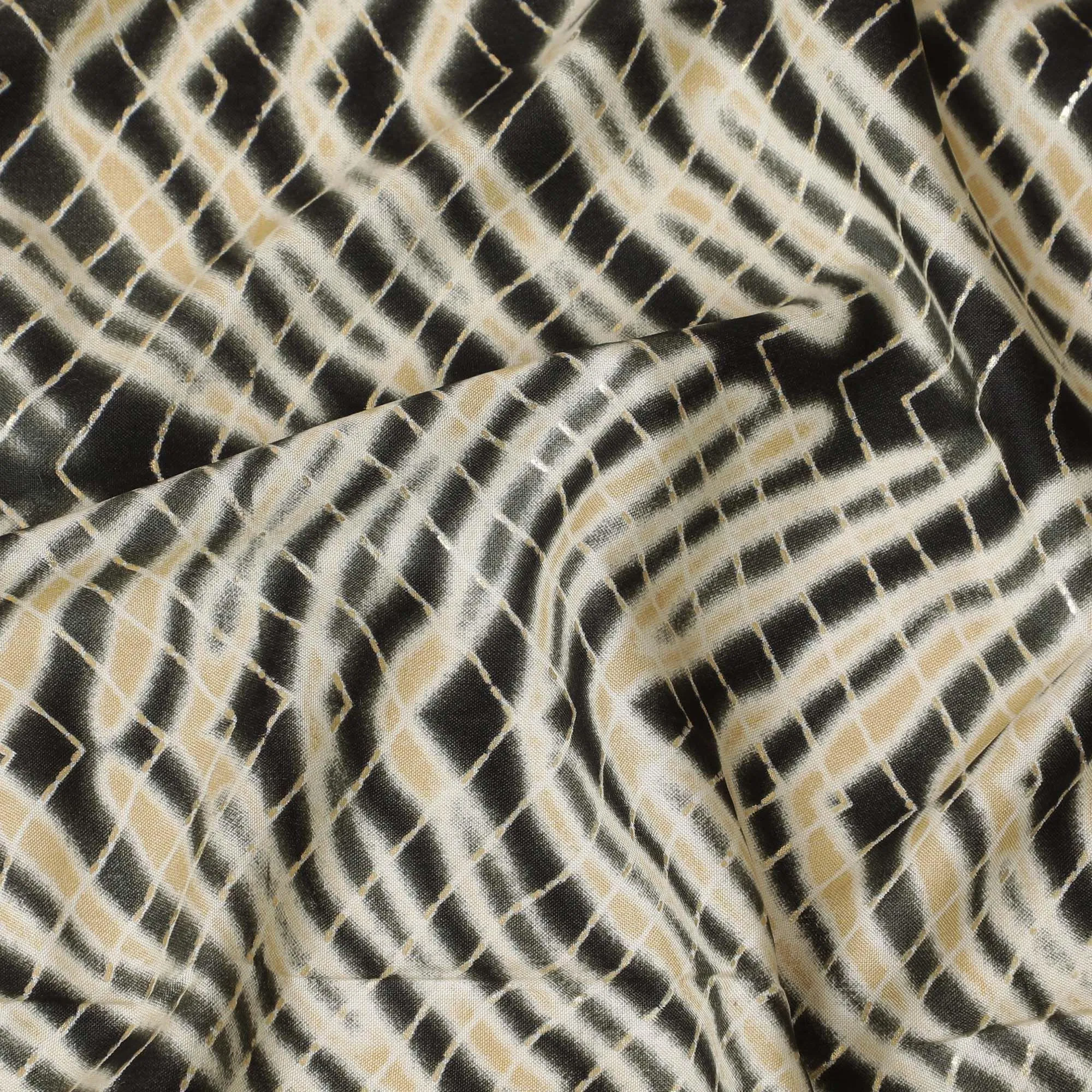 Black, beige cotton viscose fabric with gold metallic foil print in abstract design-D14189