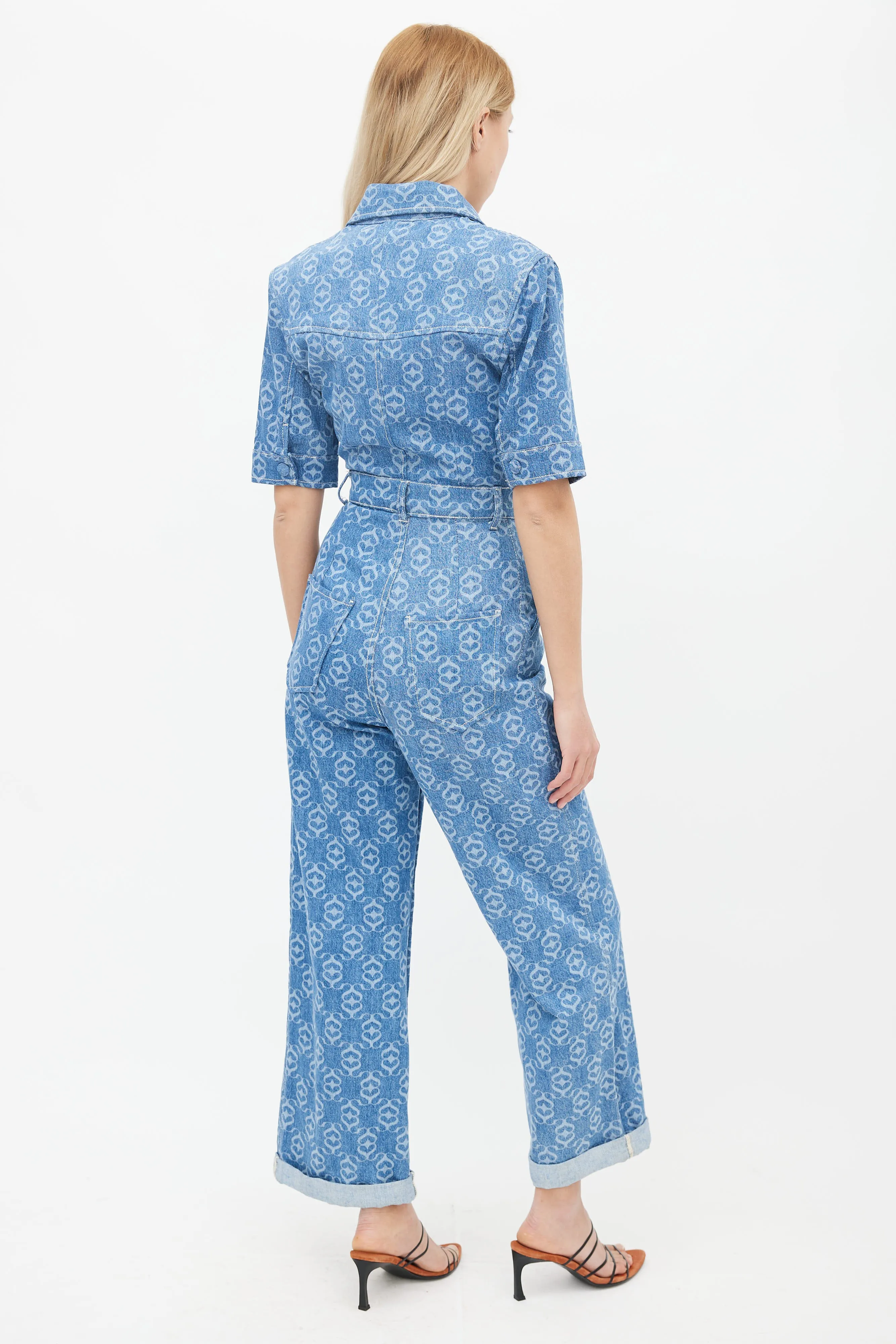 Blue Monogram Pattern Denim Jumpsuit