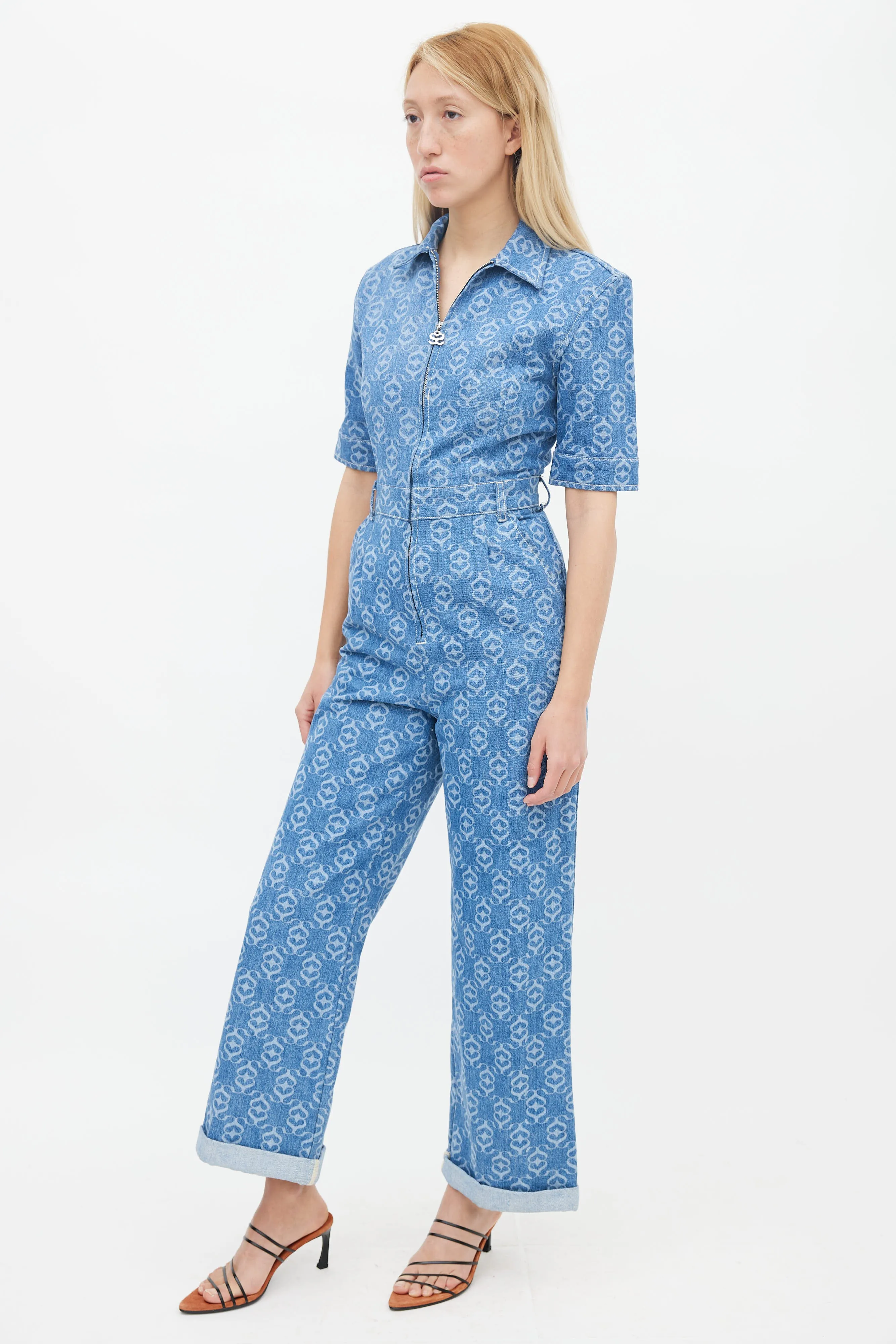 Blue Monogram Pattern Denim Jumpsuit