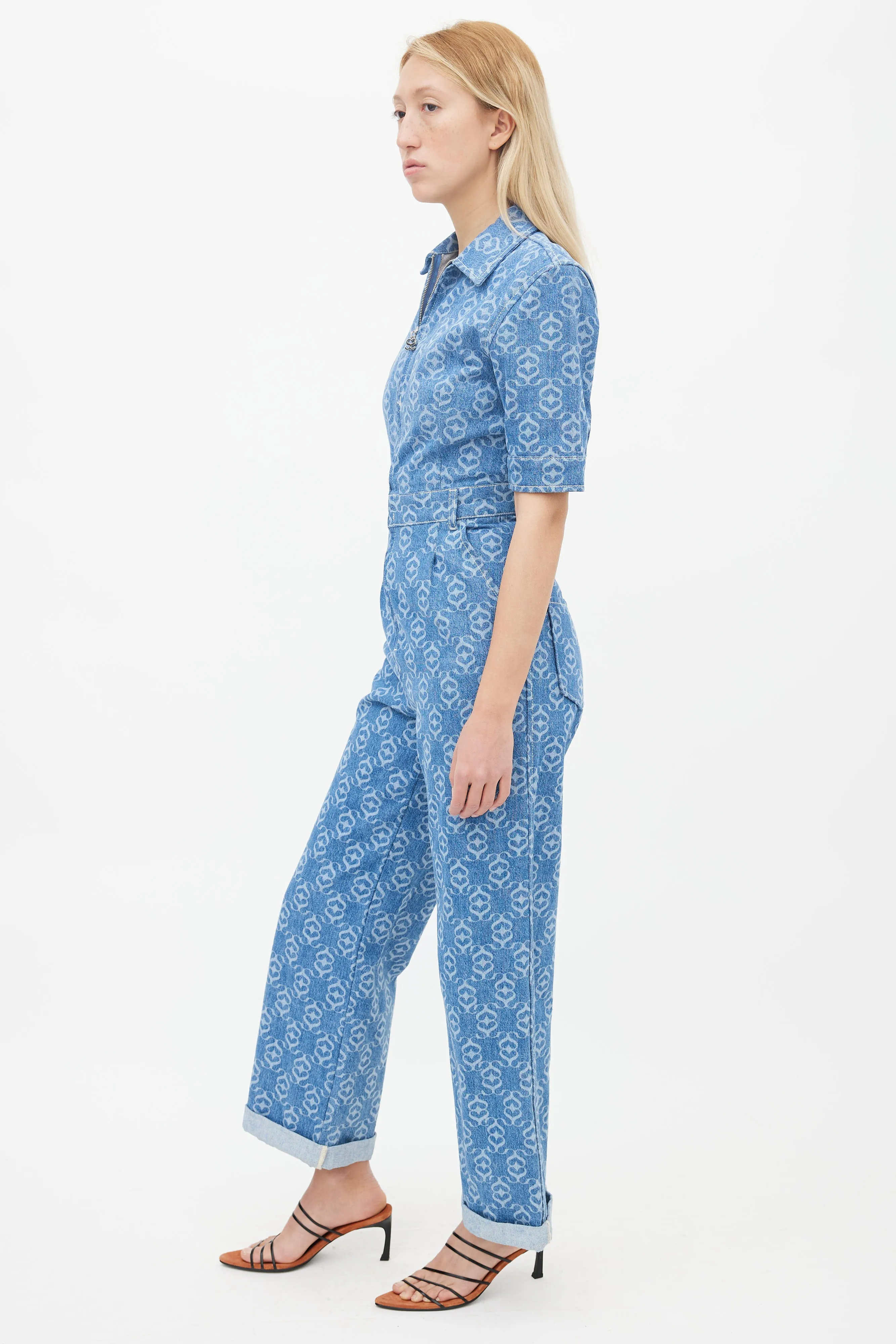 Blue Monogram Pattern Denim Jumpsuit