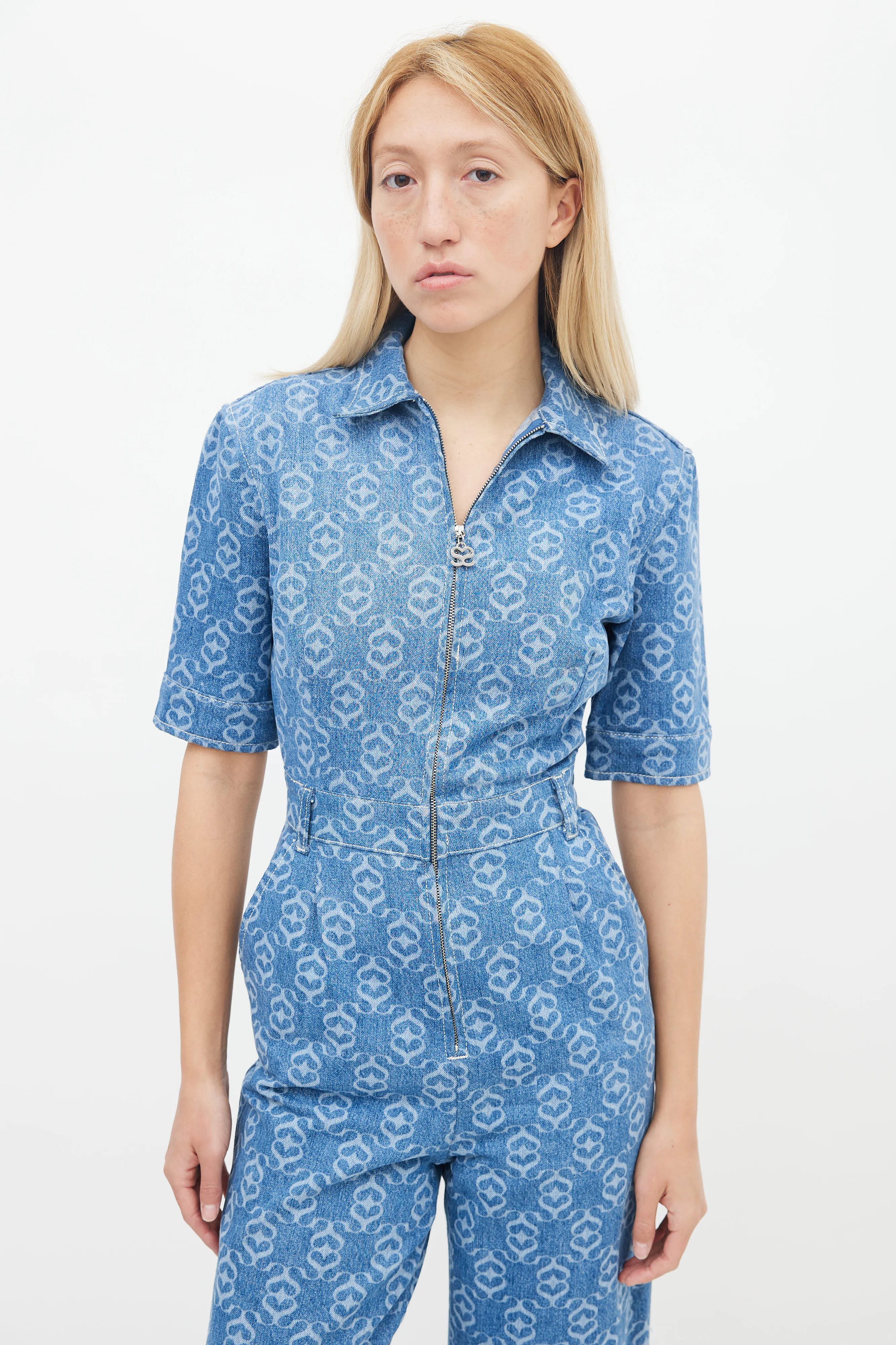 Blue Monogram Pattern Denim Jumpsuit
