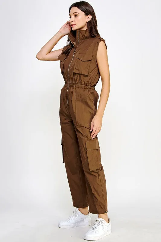 Brown High Neck Cargo Technical Jumpsuit