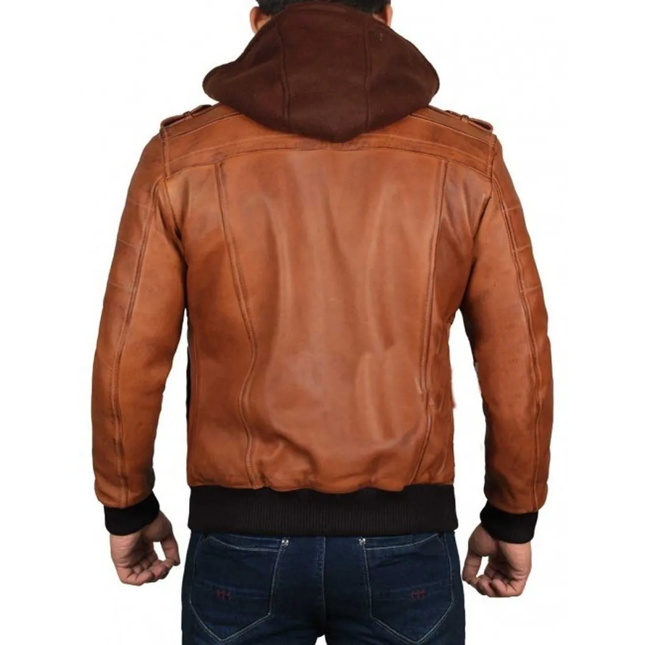Brown Hooded Leather Jacket for Men