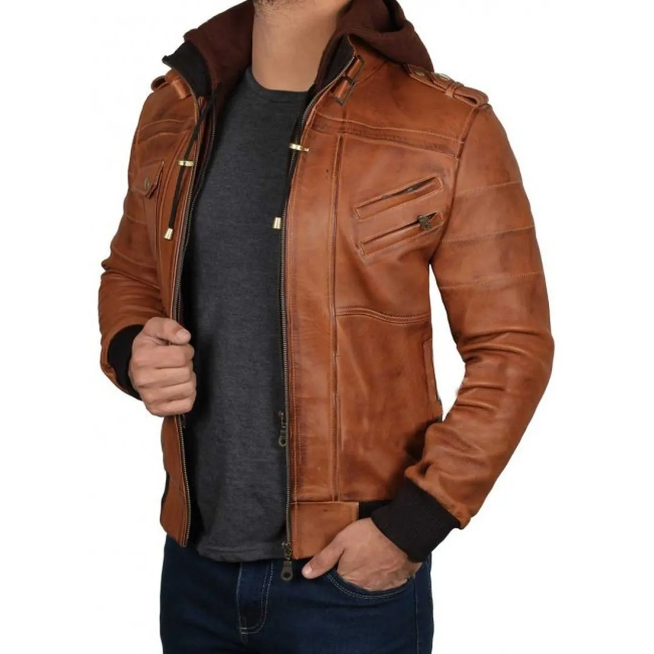 Brown Hooded Leather Jacket for Men
