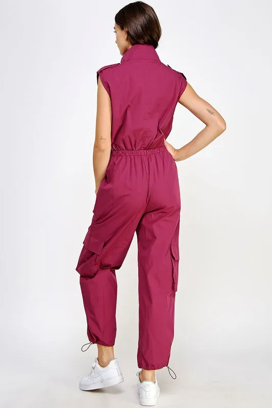 Burgundy High Neck Cargo Technical Jumpsuit