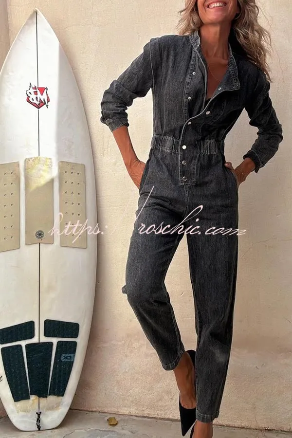 Carey Denim Button Up Long Sleeve Elastic Waist Pocketed Loose Jumpsuit