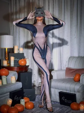 Carmelo Body Printed Rhinestone Gloves Jumpsuit In Black