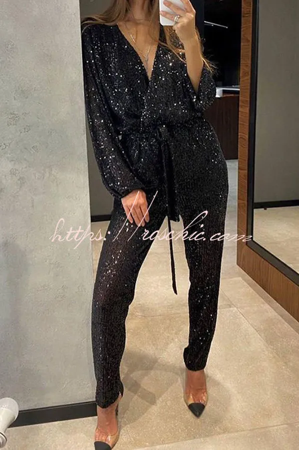 Cheers To You Sequin Long Sleeve Belted Wrap Loose Jumpsuit