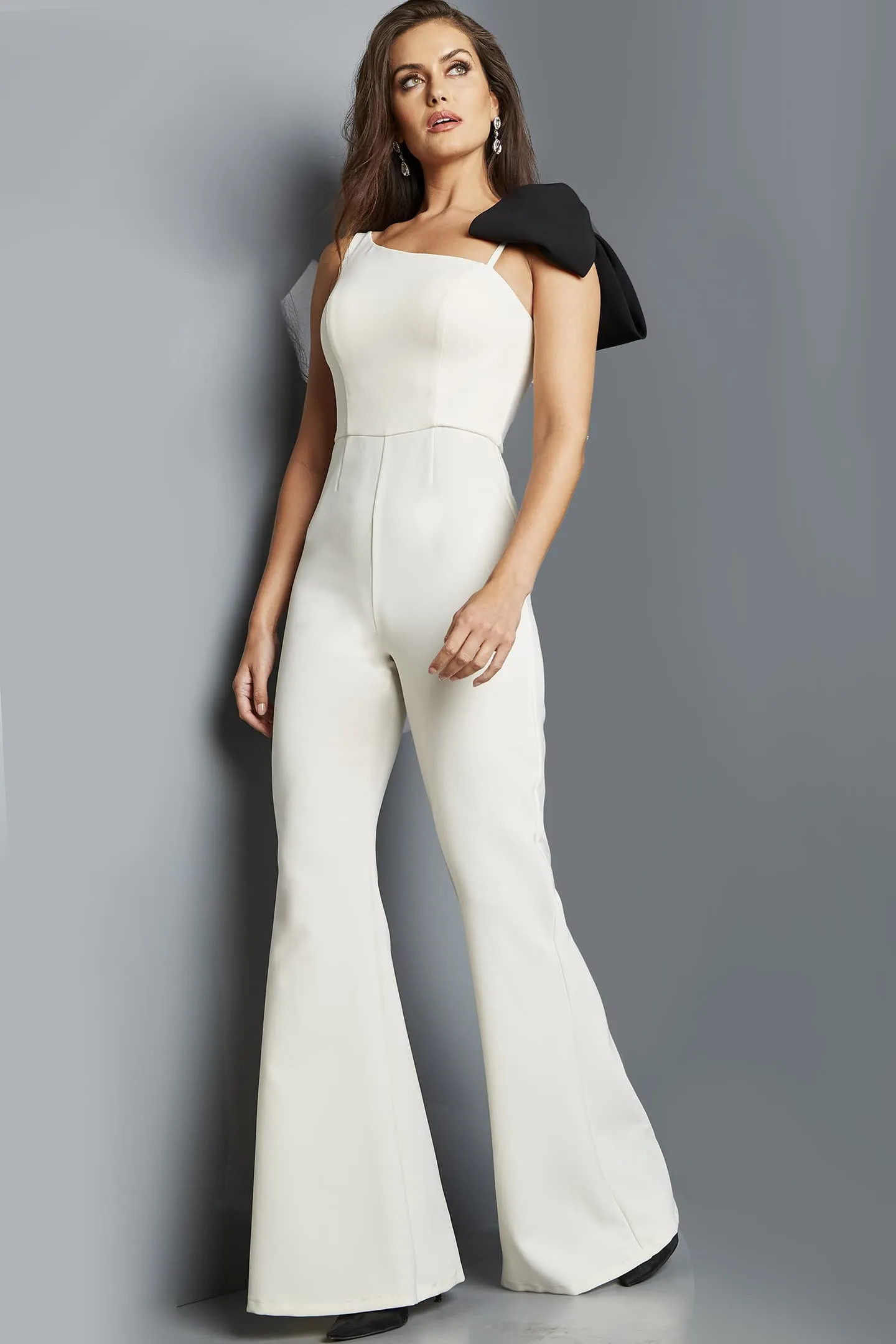 Crepe One Shoulder Bow Jumpsuit by Jovani 22589