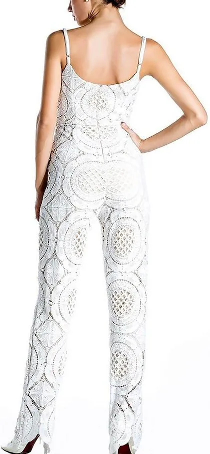 Cut-Out Lace-Macrame Sleeveless Jumpsuit-White