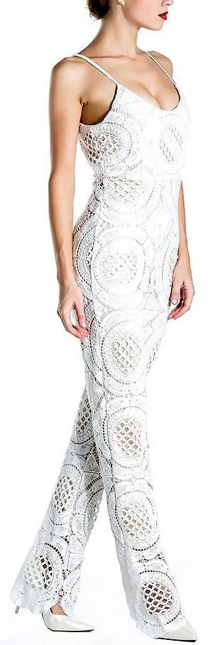Cut-Out Lace-Macrame Sleeveless Jumpsuit-White