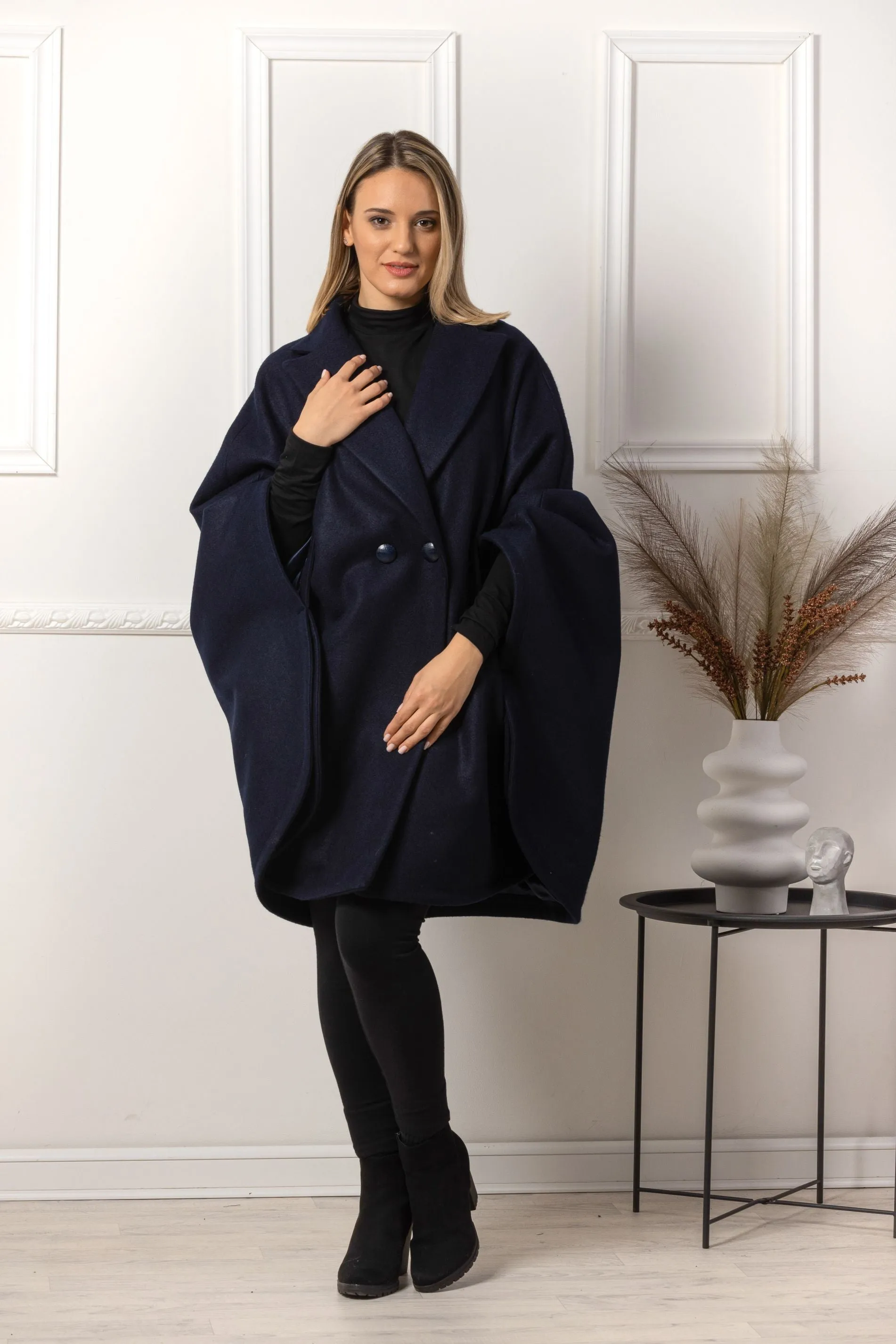 Dark Navy Collared Loose Cape Coat