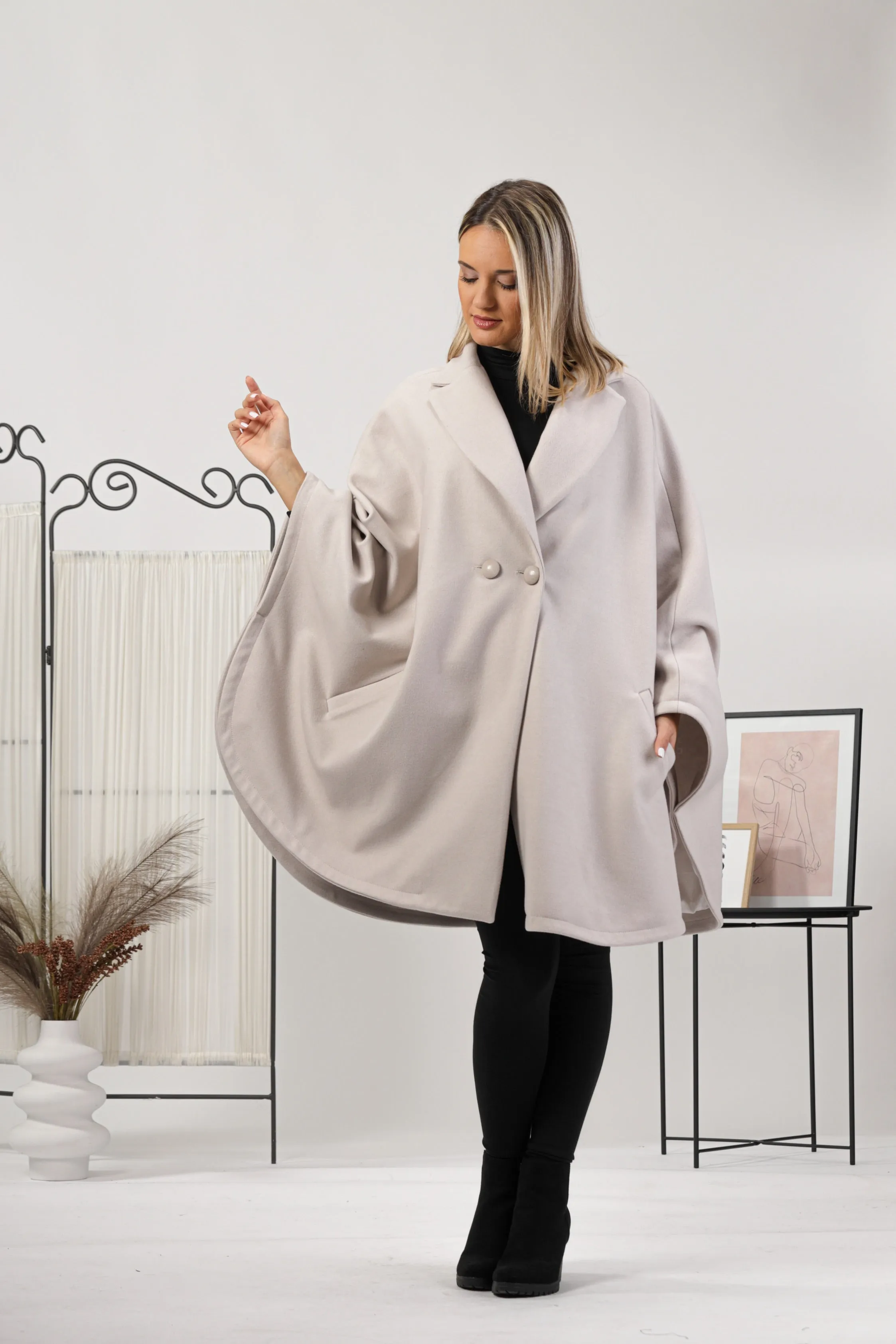 Dark Navy Collared Loose Cape Coat