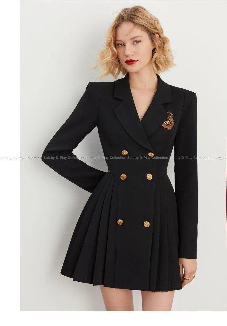 DPLAY Spring  Retro Black  Pleated Wide Shoulder Suit Skirt - Fioma