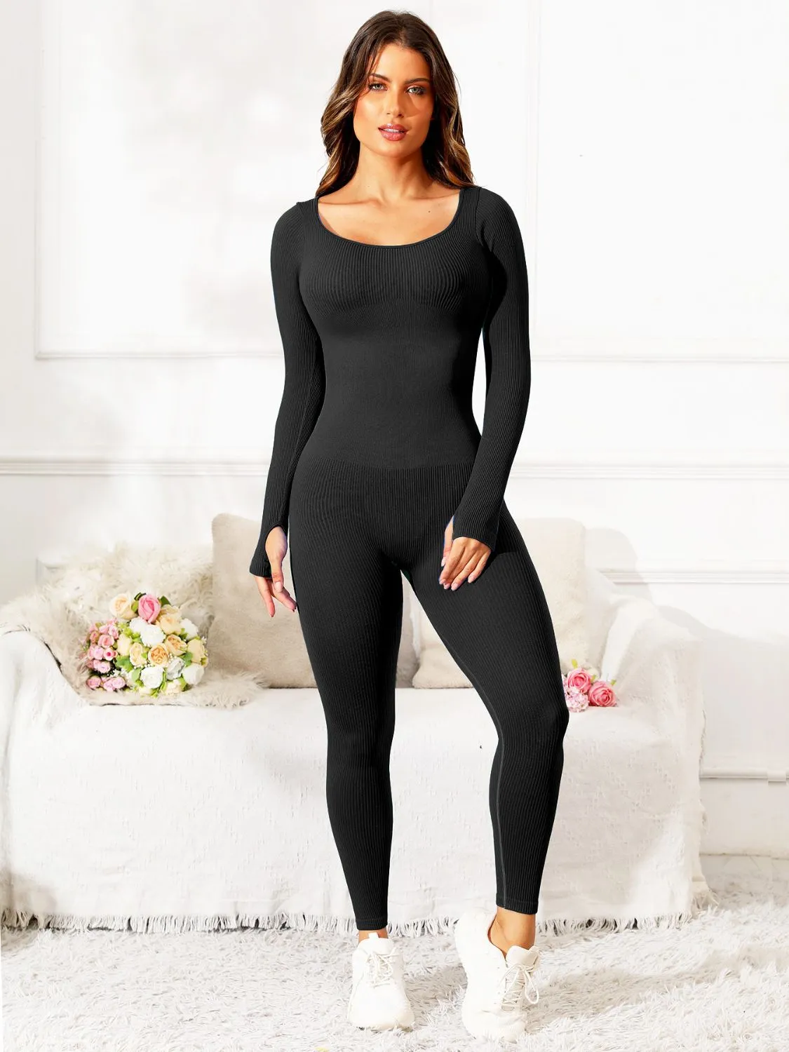 Fit & Fab Scoop Neck Long Sleeve Active Jumpsuit