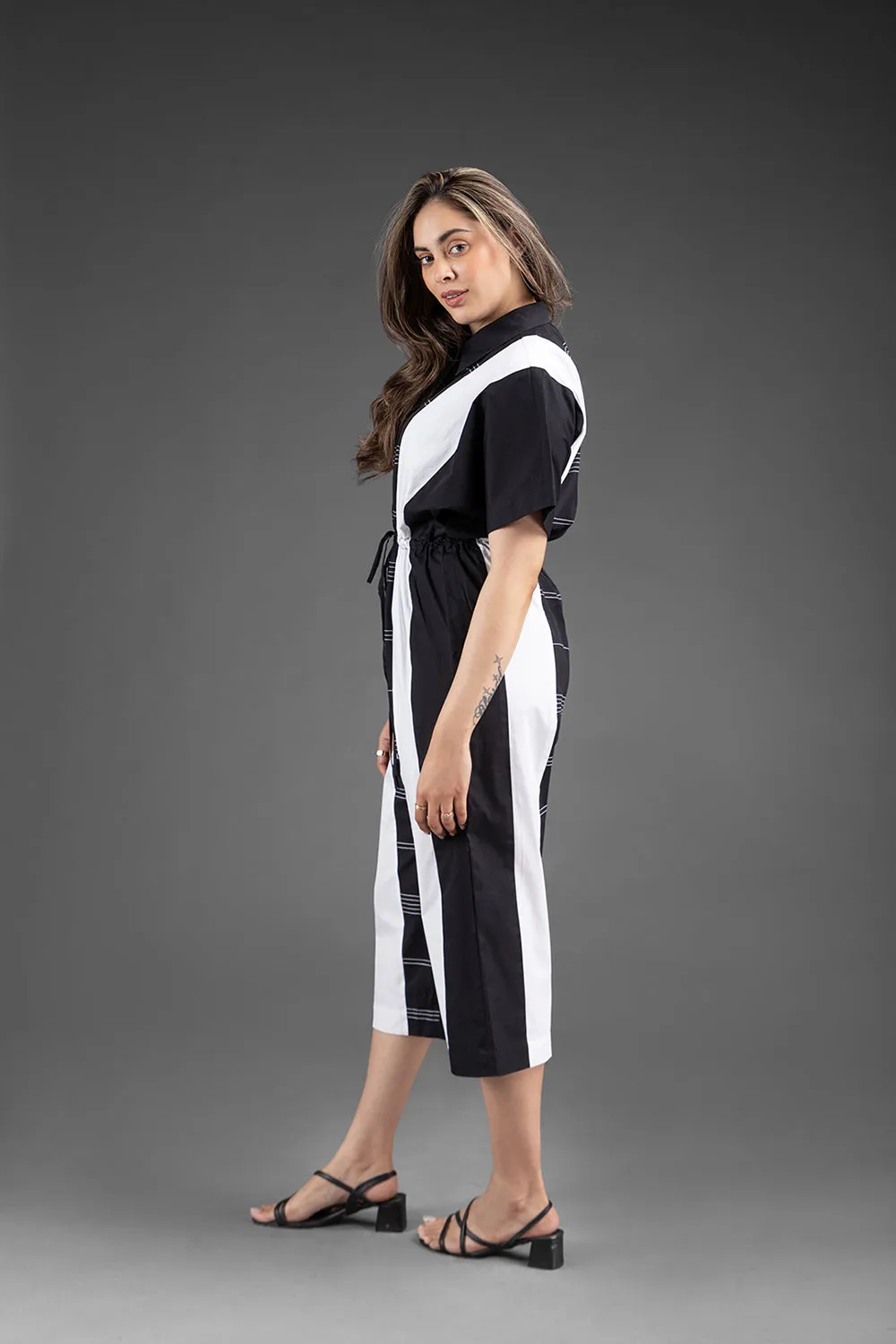Gathers Jumpsuit - Black & White