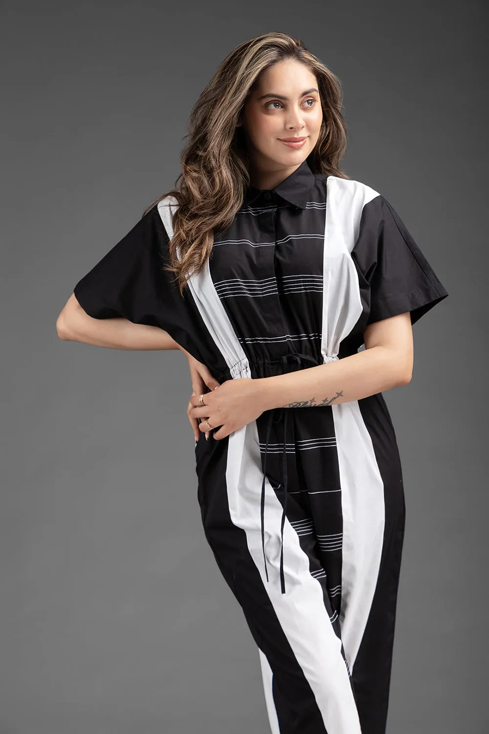 Gathers Jumpsuit - Black & White