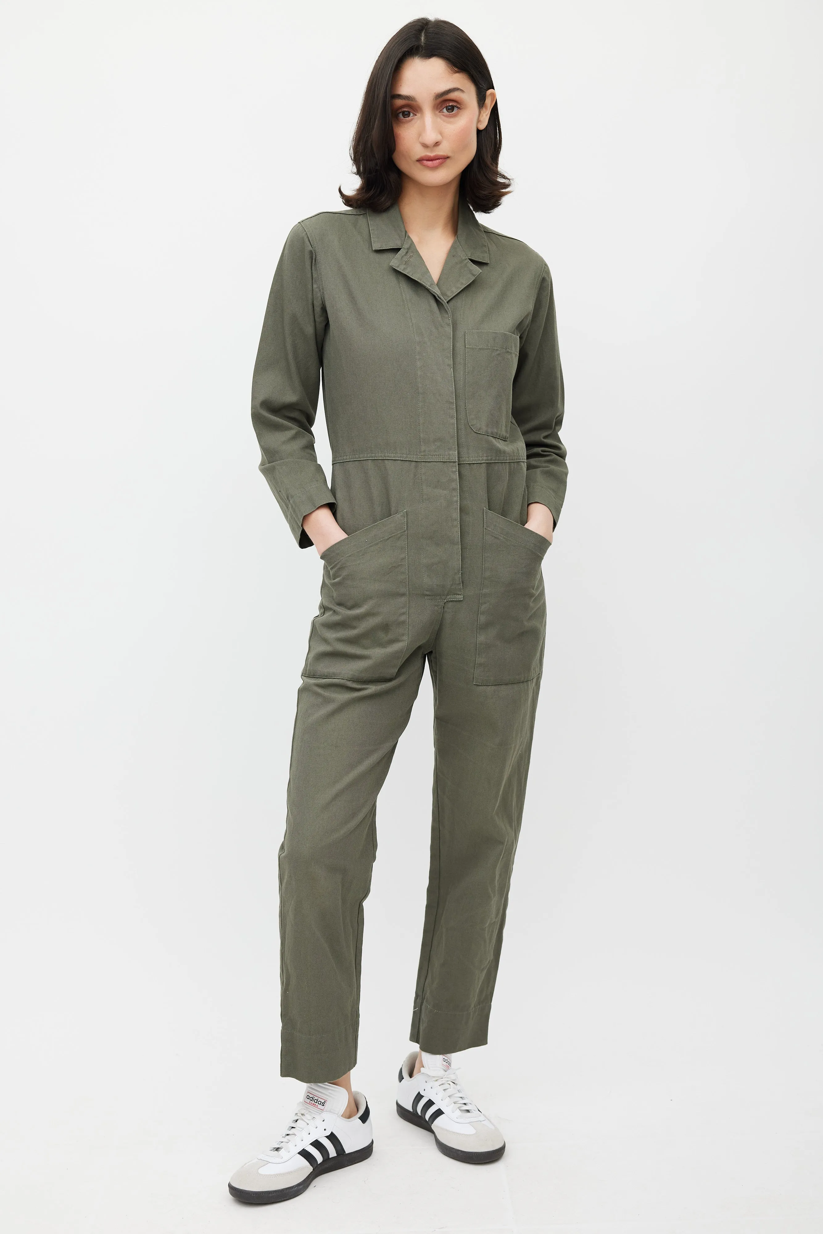 Green Cargo Collared Jumpsuit