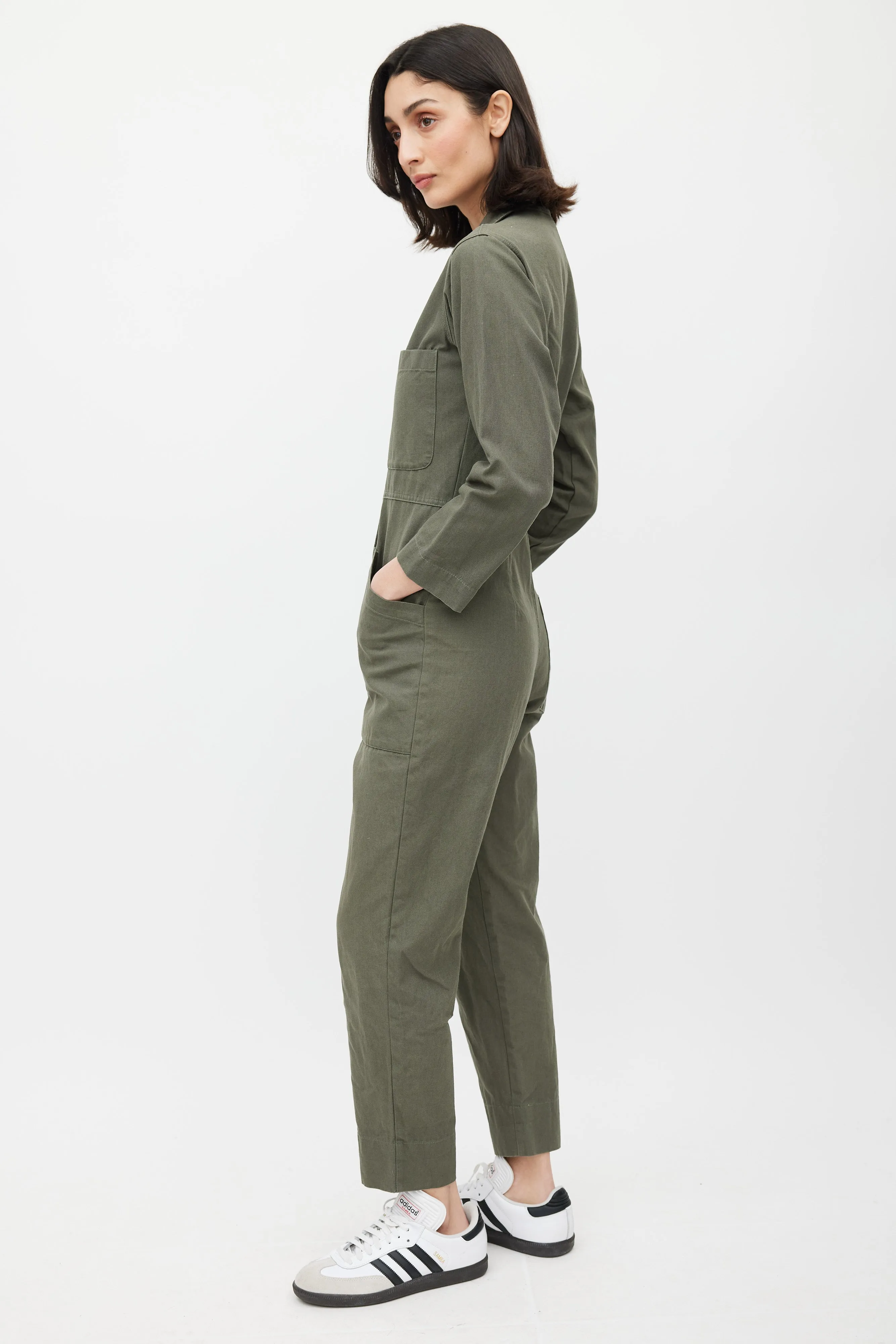 Green Cargo Collared Jumpsuit