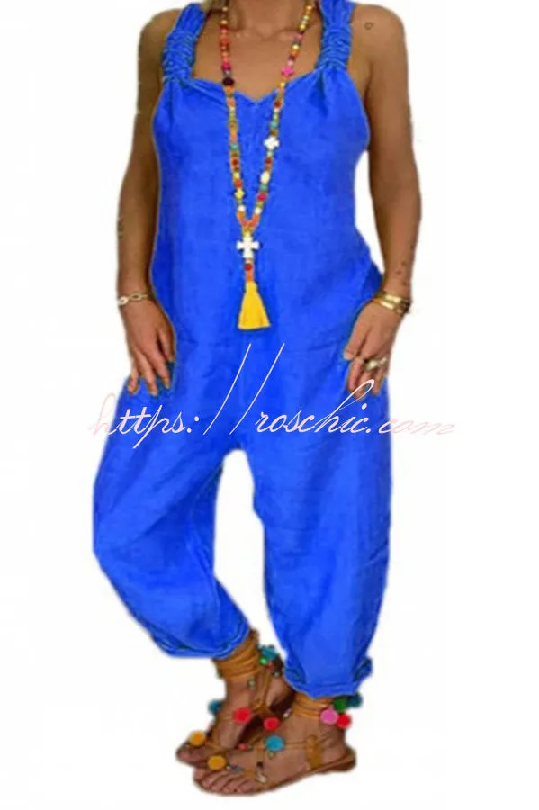 Harper Casual Solid Backless Knotted Strappy Loose Jumpsuit