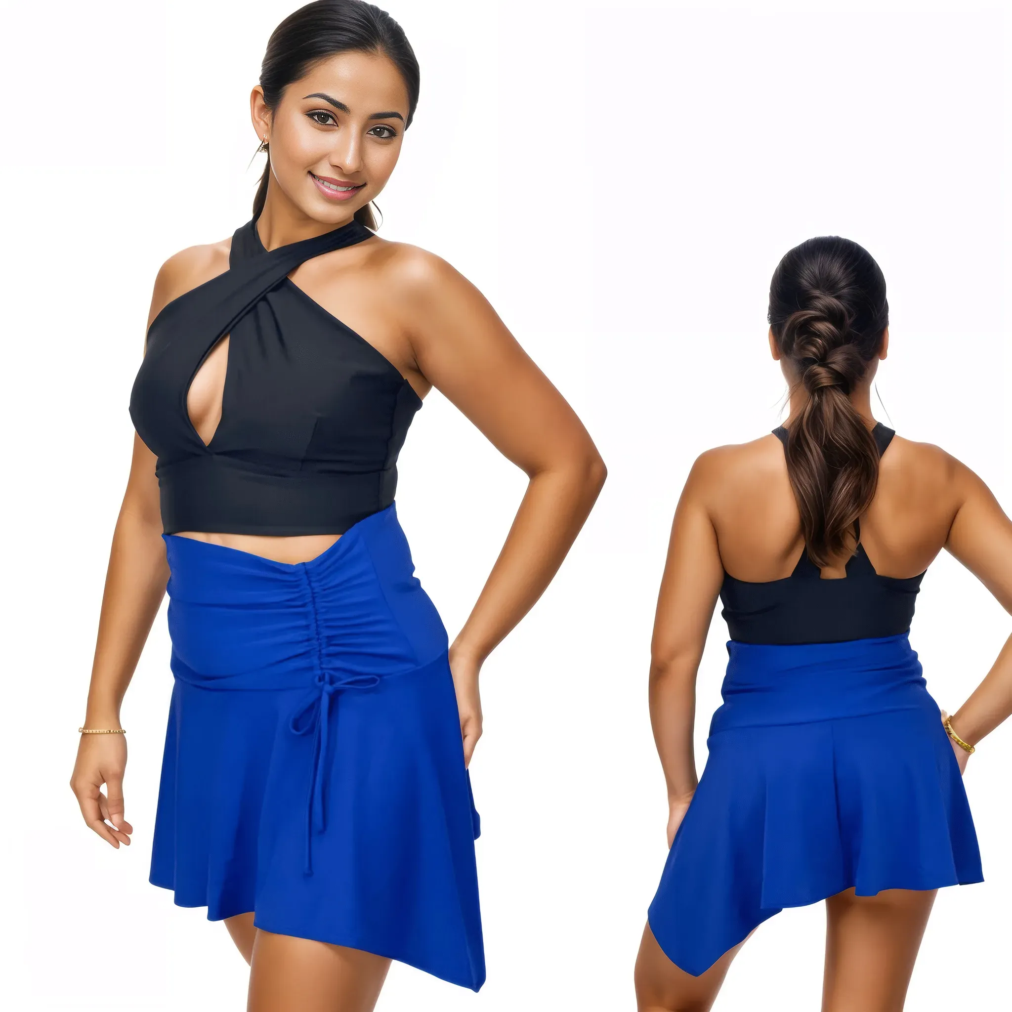 High-Rise Tummy Control Ruched Extra Mini Skirt – Adjustable Asymmetrical Drawstring Skirt Cobalt Blue