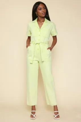 Lime Yellow Short Sleeve Washed Utility Jumpsuit