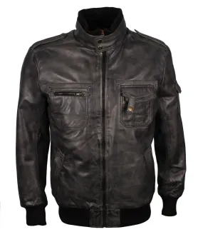 Men's Grey Classic Bomber Genuine Leather Jacket with Multiple Pockets