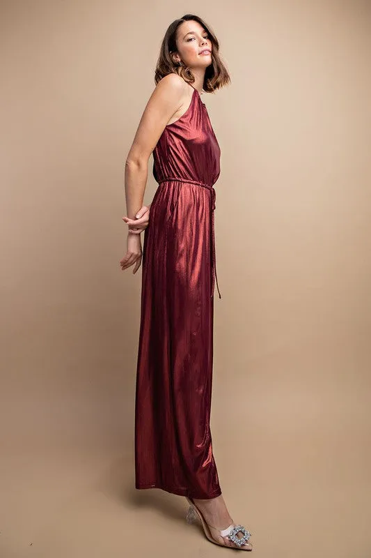 Metallic Drawstring Waist Jumpsuit