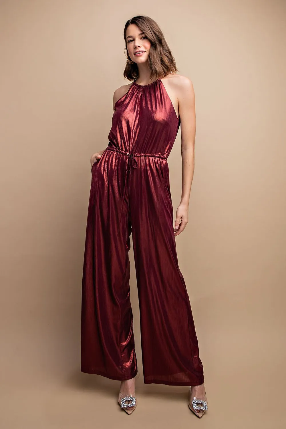 Metallic Drawstring Waist Jumpsuit