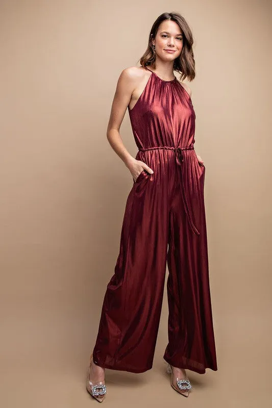 Metallic Drawstring Waist Jumpsuit