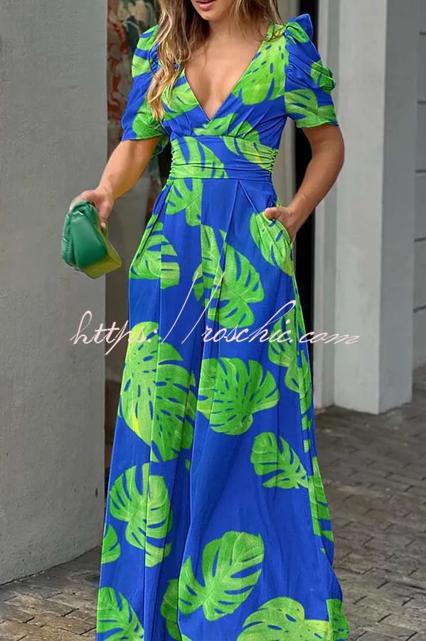 Milly Printed Puff Sleeve Pocketed Wide Leg Jumpsuit