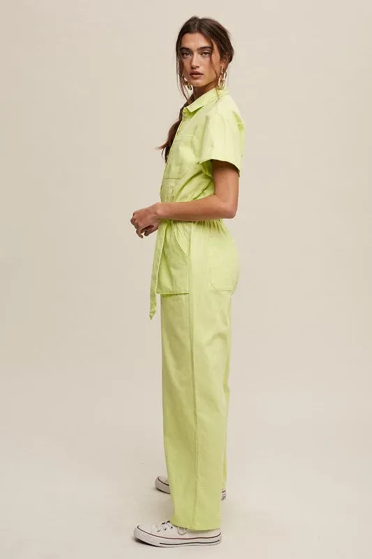 Neon Green Linen Utility Jumpsuit