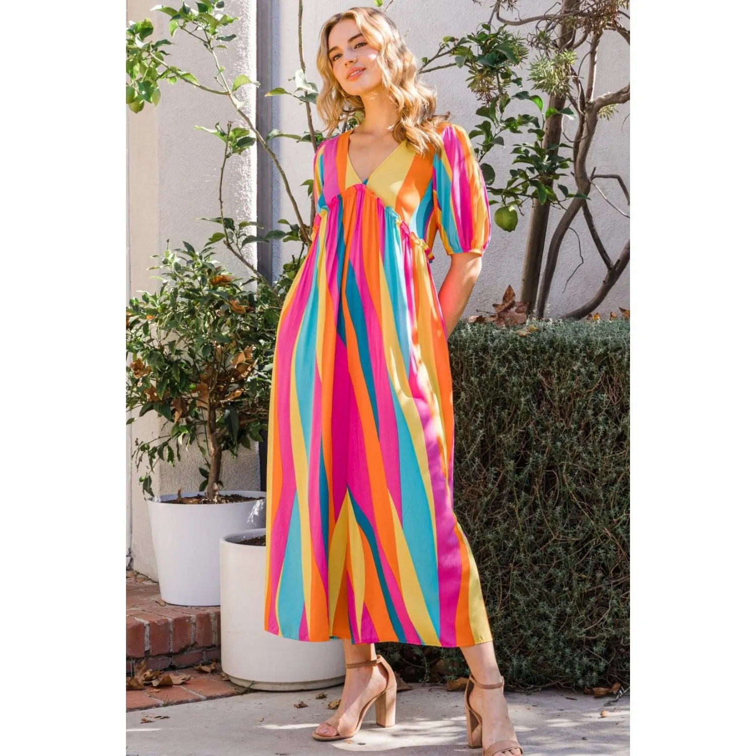 ODDI Full Size Striped Puff Sleeve Wide Leg Jumpsuit