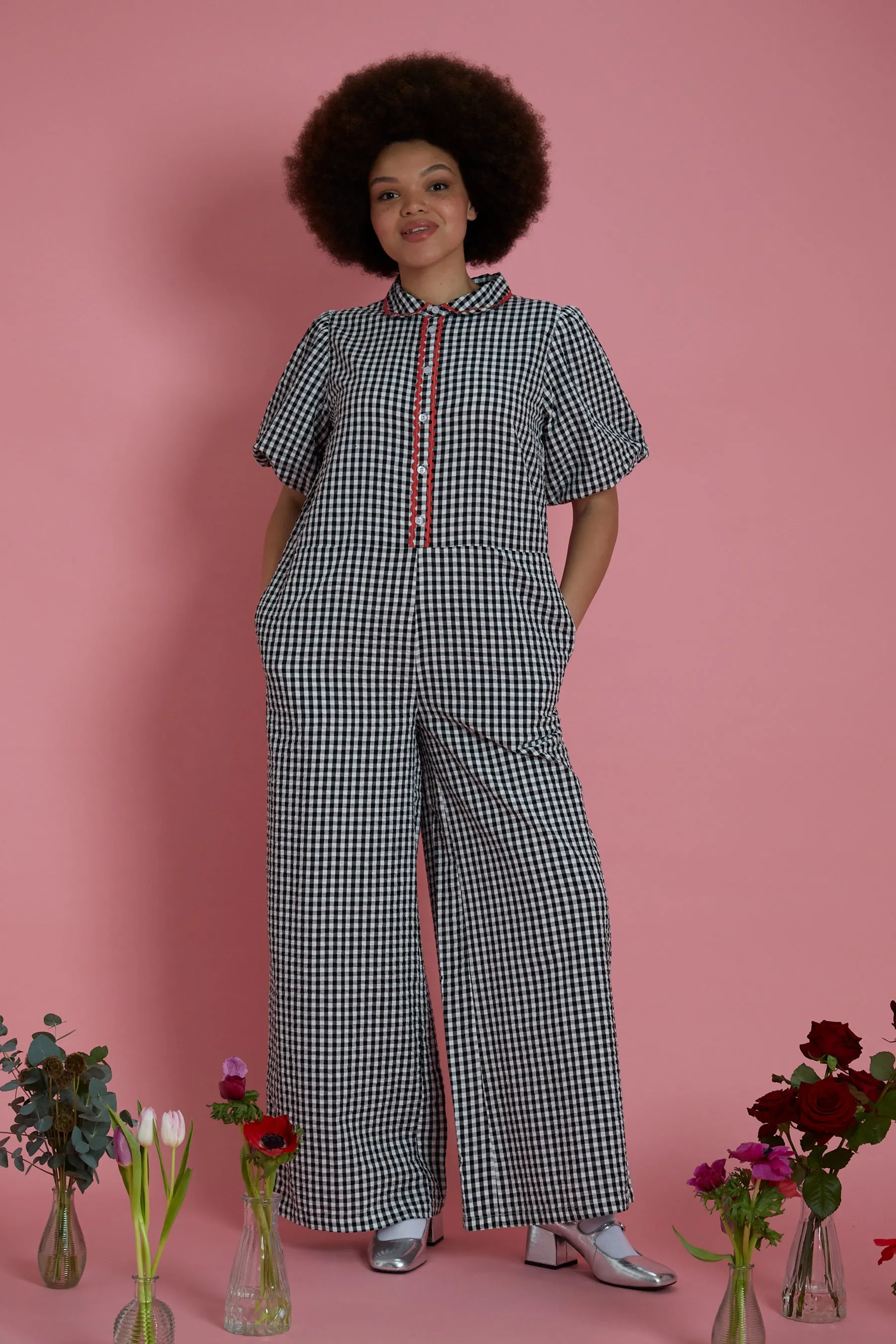 Piper Wide Leg Gingham Jumpsuit - Curve