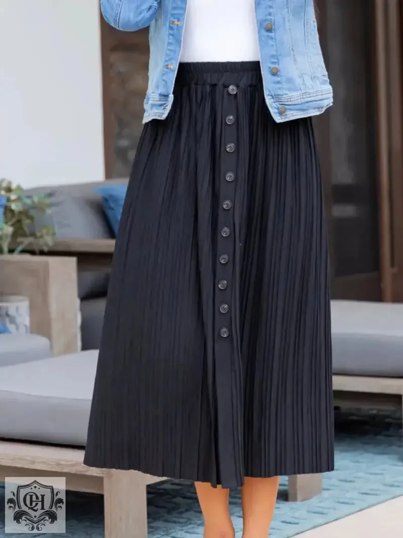 Simple Pleated Buttoned Midi Skirt
