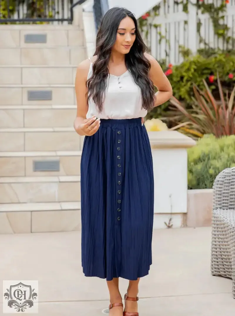 Simple Pleated Buttoned Midi Skirt