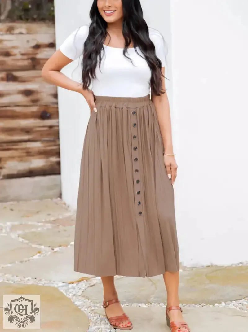 Simple Pleated Buttoned Midi Skirt