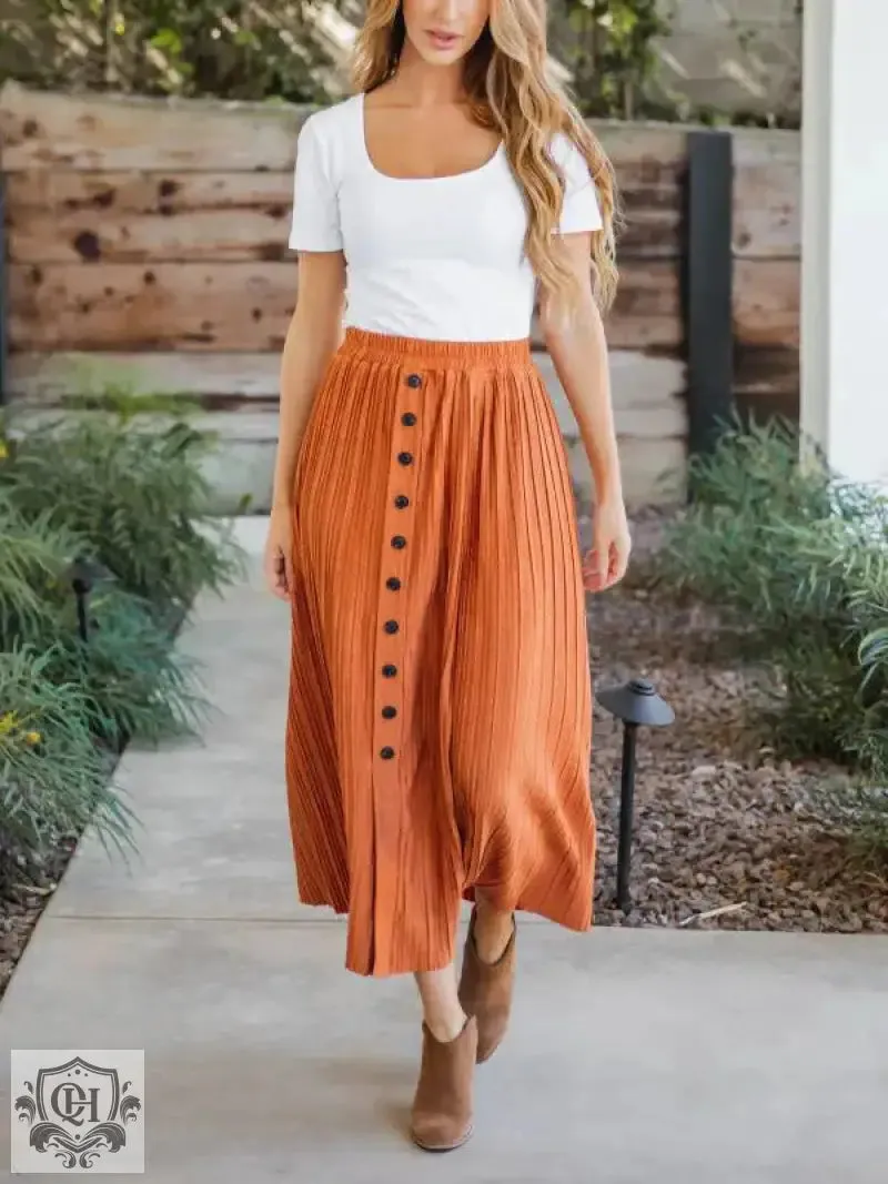 Simple Pleated Buttoned Midi Skirt