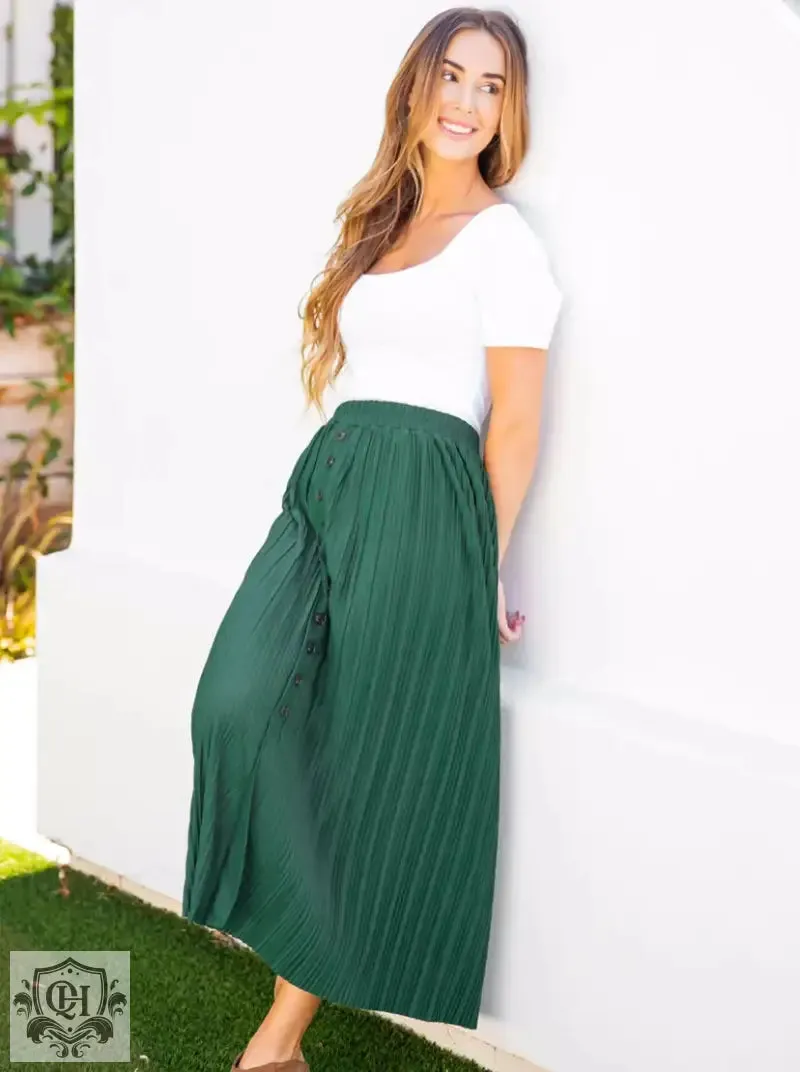 Simple Pleated Buttoned Midi Skirt