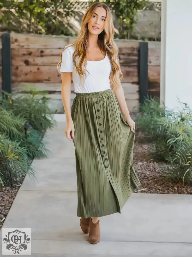 Simple Pleated Buttoned Midi Skirt