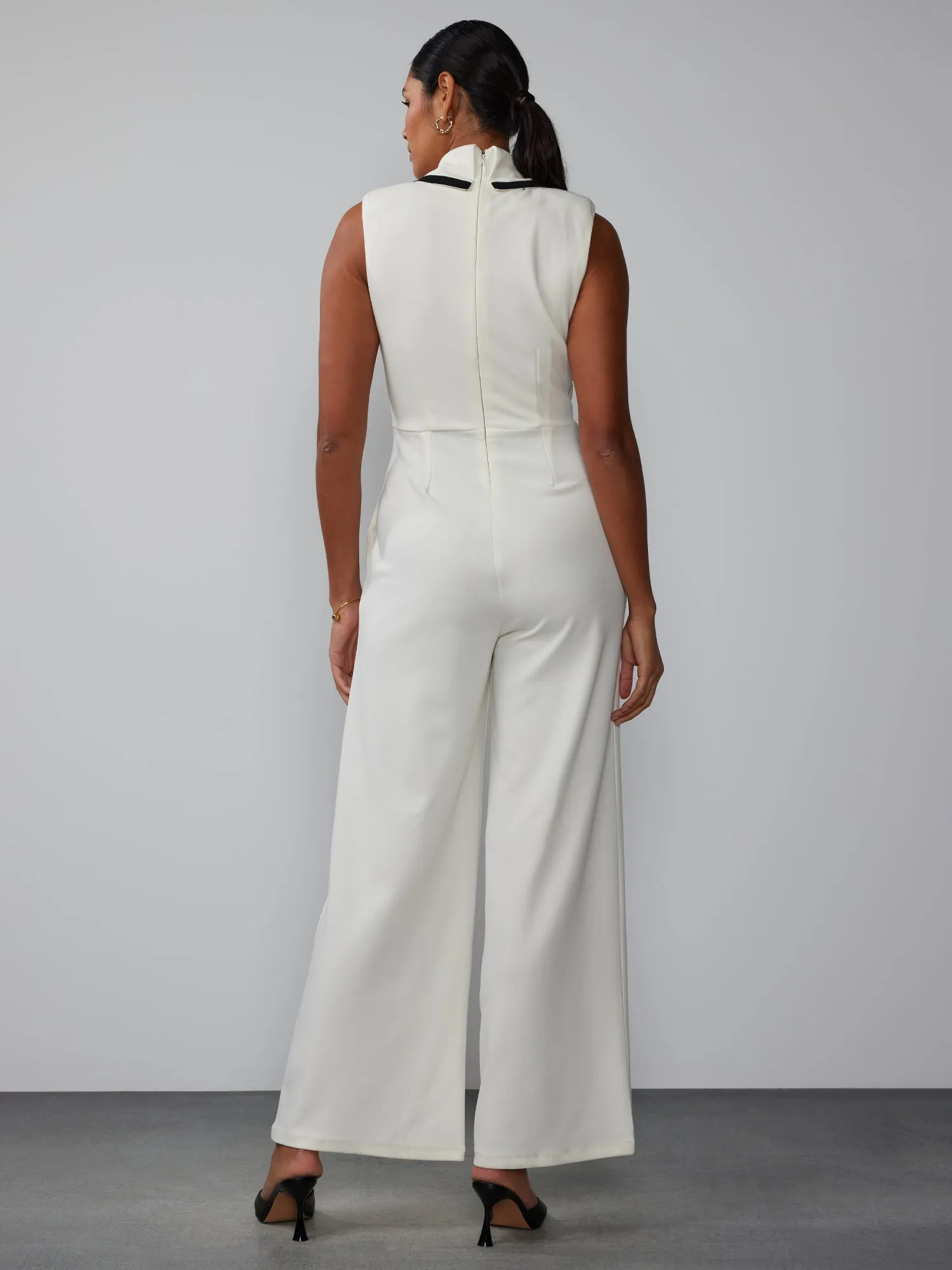 Sleeveless Piped Lapel Wrap Jumpsuit