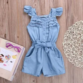 Solid Denim Flutter-sleeve Jumpsuit