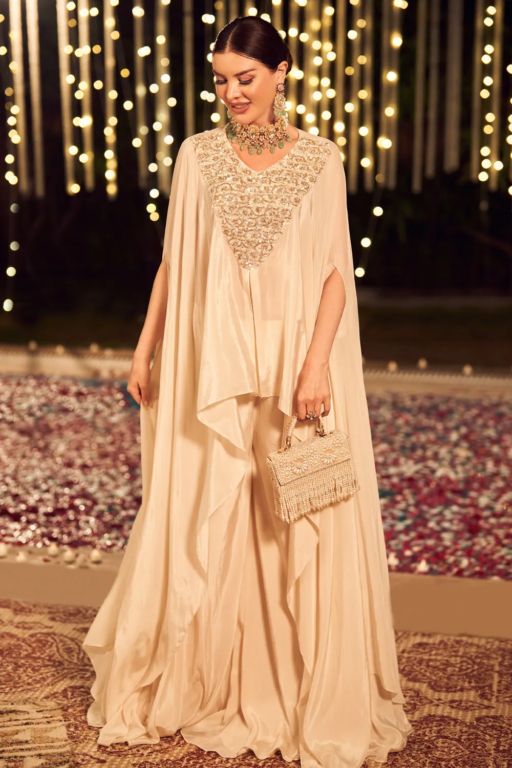 Starry Night Set Ivory Crepe Bustier and Pants with Kaftan