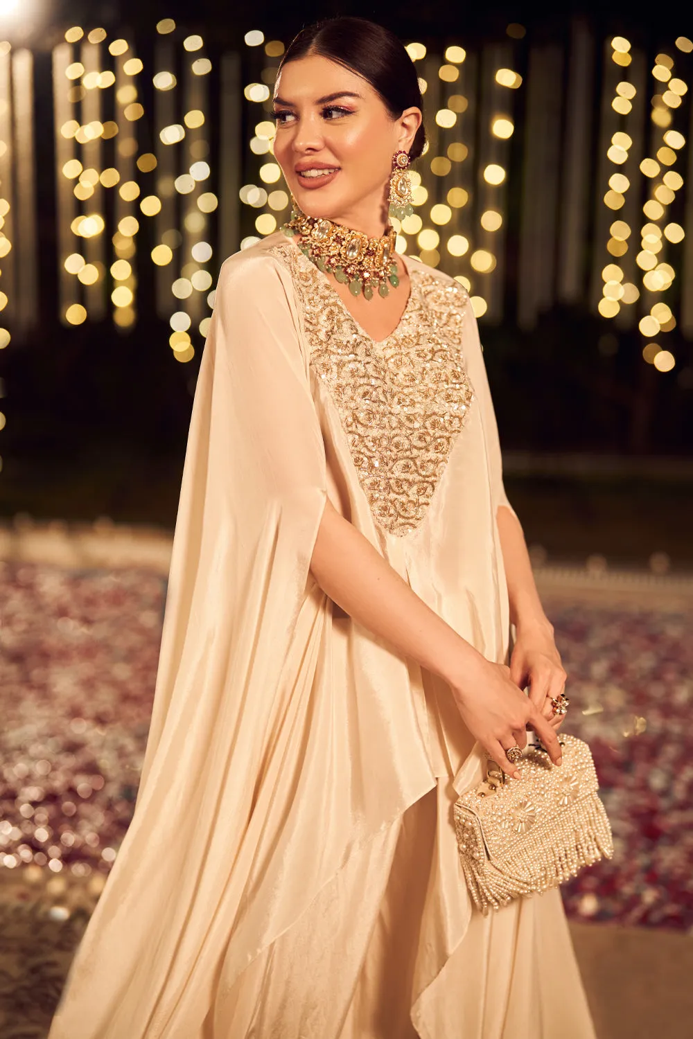 Starry Night Set Ivory Crepe Bustier and Pants with Kaftan