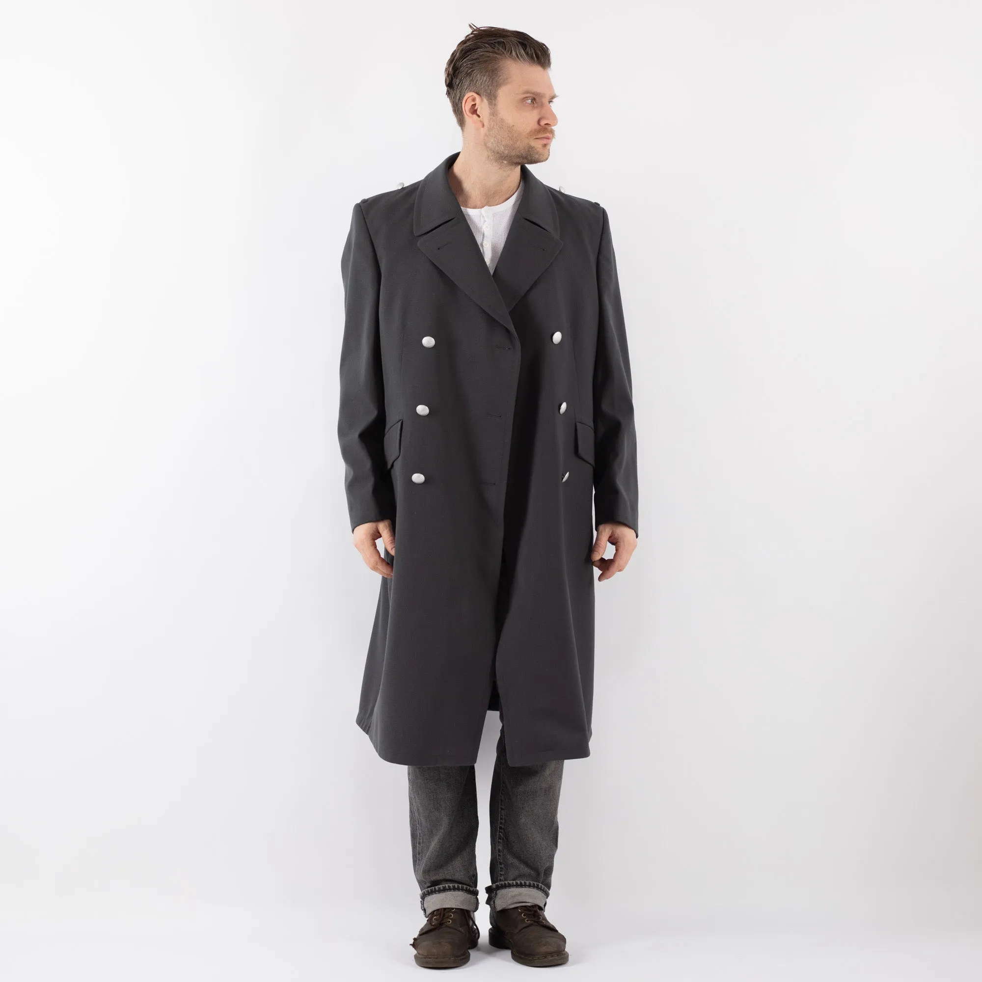 Vintage 70's Men Military Style Trench Coat in Gray